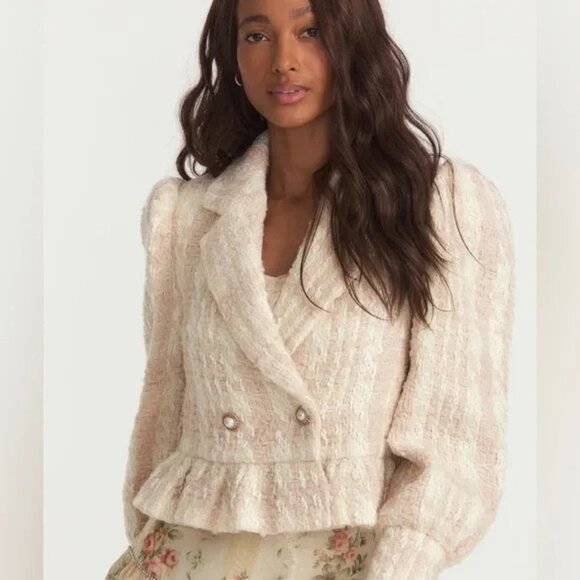💗 LoveShackFancy Puff-Shoulder Houndstooth Boucle Tweed Cropped Blazer Jacket